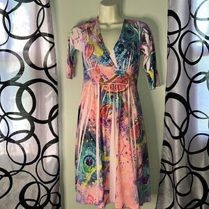 Body Central Dress Pink Paisley Knit Sz Medium Butterfly Peacock Feather